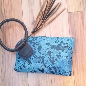 Cheekys Vintage Brand Blue Jean Denim Hair on Hide Leather Wristlet